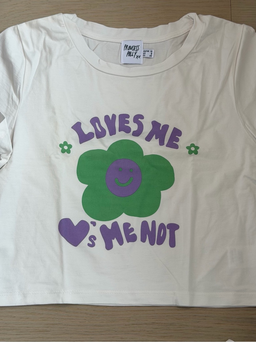 Princess Polly White Tee with Green Flower & Purple Graphic